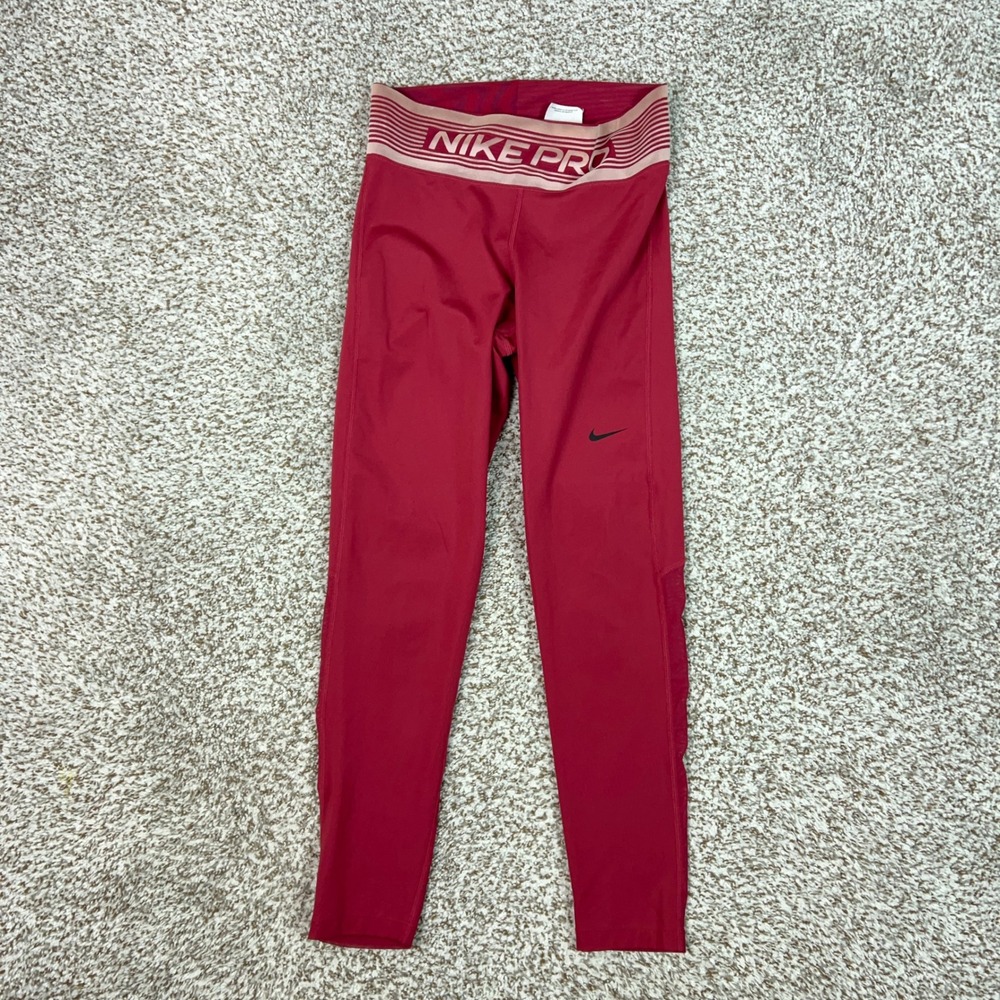 Nike Pro Leggings Women Small Red Gym Training Dri-FIT Mesh 7/8 Tights Pants Gym